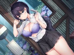 Rule 34 | 1girl, black hair, blue eyes, blush, bra, breasts, chastity belt, cleavage, dildo, dutch angle, tucking hair, has bad revision, highres, large breasts, looking at viewer, mappaninatta, md5 mismatch, original, pleated skirt, purple bra, resolution mismatch, road sign, school uniform, sex toy, shirt, short hair, sign, skirt, solo, source smaller, unbuttoned, underwear, wet, wet clothes, wet shirt