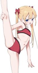 Rule 34 | 1girl, absurdres, ass, blonde hair, bouen, breasts, hair between eyes, highres, long hair, navel, original, small breasts, standing, standing on one leg, twintails, underwear, white background