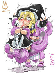 Rule 34 | 2girls, ahegao, blonde hair, blunt bangs, braid, breasts, breasts out, cigarette, clothed sex, cookie (touhou), crying, crying with eyes open, grin, hat, held up, highres, kirisame marisa, large breasts, long hair, mars (cookie), multiple girls, patchouli knowledge, pigeon-toed, purple eyes, purple hair, restrained, simple background, slime (substance), smile, smoke, smoking, sorahachi midoro, spread legs, standing, stomach bulge, taisa (cookie), tears, tentacle hair, tentacles, tongue, tongue out, touhou, white background, witch hat, yellow eyes