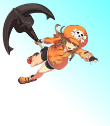 Rule 34 | 1girl, absurdres, anchor, aqua background, brown hair, extended arm, fingerless gloves, floating, full body, gloves, gradient background, guilty gear, hat, highres, ippo, jacket, long hair, may (guilty gear), open mouth, orange eyes, pointing, shoes, shorts, skull ornament, smile