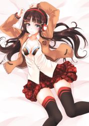 Rule 34 | 1girl, arms up, black bra, black thighhighs, blazer, blue eyes, blush, bra, breasts, brown hair, cleavage, frapowa, front-hook bra, hair ornament, headphones, heart, heart hair ornament, jacket, kurosawa dia, lace, lace-trimmed bra, lace trim, long hair, looking at viewer, love live!, love live! school idol festival, love live! sunshine!!, lying, medium breasts, on back, partially unbuttoned, plaid, plaid skirt, polka dot, polka dot bra, skirt, smile, solo, thighhighs, thighs, underwear, unfastened, zettai ryouiki