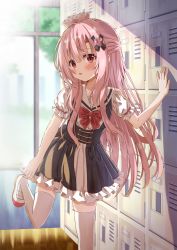 Rule 34 | 1girl, absurdres, adjusting footwear, arm support, arm up, artina, black dress, blush, commentary request, door, doorway, dress, hair ornament, hallway, heart, heart hair ornament, highres, leaning forward, leg up, locker, long hair, open mouth, original, pink eyes, pink hair, ribbon, school uniform, shirt, shoes, short sleeves, solo, standing, standing on one leg, thighhighs, uniform, white footwear, white shirt, white thighhighs, window