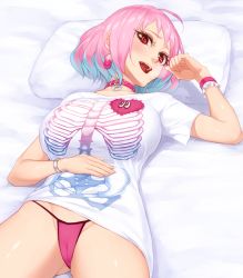 Rule 34 | 1girl, ahoge, bangle, bed, blue hair, blush, bracelet, breasts, cameltoe, collar, collarbone, earrings, fang, gluteal fold, hand on own stomach, heart, heart-shaped pupils, heart necklace, highres, hip bones, idolmaster, idolmaster cinderella girls, jewelry, kate (alice catharsis), large breasts, looking at viewer, looking to the side, lying, medium hair, multicolored hair, necklace, no pants, open mouth, panties, pill earrings, pillow, pink hair, pink panties, red eyes, ribs, shirt, short sleeves, solo, spine, string panties, symbol-shaped pupils, t-shirt, tsurime, two-tone hair, underwear, wrist cuffs, yumemi riamu