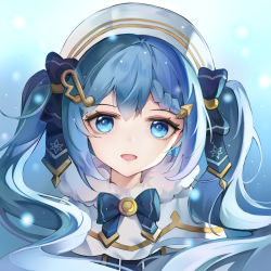 Rule 34 | 1girl, :d, beret, blue bow, blue eyes, blue hair, bow, braid, braided bangs, capelet, commentary request, fortissimo, fur-trimmed capelet, fur trim, hair between eyes, hair bow, hair ornament, hat, hatsune miku, highres, long hair, looking at viewer, musical note, musical note hair ornament, open mouth, sidelocks, smile, solo, twintails, upper body, vocaloid, white capelet, white hat, yowamushi, yuki miku, yuki miku (2021)