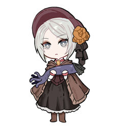 Rule 34 | 1girl, biaay002x2, bloodborne, bonnet, cloak, closed mouth, doll joints, dress, eldritch abomination, flower, full body, grey hair, hat, holding, hunter (great one) (bloodborne), joints, looking at viewer, plain doll, short hair, simple background, swept bangs, tentacles