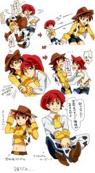 Rule 34 | 1boy, 1girl, animification, arrow (symbol), bad id, bad pixiv id, belt, belt buckle, boots, brown eyes, brown hair, buckle, cowboy boots, cowboy hat, cropped legs, cropped shirt, denim, denim shorts, eye contact, genderswap, genderswap (ftm), genderswap (mtf), green eyes, grin, hat, jessie the yodeling cowgirl, looking at another, mato (mozu hayanie), midriff, navel, pixar, red hair, sheriff badge, sheriff woody, shirt, short hair, shorts, simple background, smile, speech bubble, toy, toy story, translated, vest, white background, yellow shirt