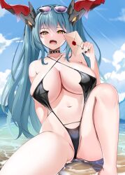 Rule 34 | 1girl, azur lane, black choker, black nails, black one-piece swimsuit, blue hair, blush, breasts, choker, cleavage, envelope, highres, holding, holding envelope, horns, katsushika pachi, large breasts, long hair, nail polish, navel, official alternate costume, one-piece swimsuit, open mouth, outdoors, regensburg (azur lane), regensburg (dark dragon brilliant beach) (azur lane), sitting, solo, spiked choker, spikes, stomach, swimsuit, thighs, twintails, water, yellow eyes
