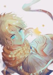Rule 34 | 1boy, akira aishi, artist name, baggy clothes, blonde hair, blue eyes, bright pupils, fate/grand order, fate/requiem, fate (series), floating, floating object, from above, glowing, highres, light particles, looking at viewer, looking back, male focus, parted bangs, scarf, short sleeves, sky, solo, star (sky), star (symbol), voyager (fate), voyager (first ascension) (fate), yellow scarf