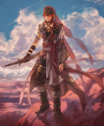 Rule 34 | 1boy, bandana, belt, black gloves, boots, cloud, copyright name, day, earrings, gloves, hise, jewelry, kide lasuc, male focus, outdoors, pixiv fantasia, pixiv fantasia age of starlight, red hair, sheath, sheathed, single glove, solo, standing, sword, tassel, tattoo, weapon, wide sleeves