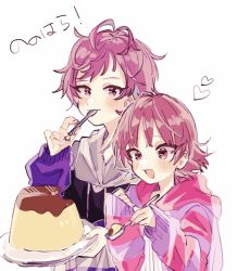 Rule 34 | 1boy, 1girl, ahoge, antenna hair, atrdlll, blush, brother and sister, food, heart, highres, holding, holding spoon, holding tray, hood, hooded jacket, hoodie, idolmaster, idolmaster million live!, idolmaster million live! theater days, jacket, looking at food, looking at viewer, nonohara akane, nonohara akane&#039;s brother, oversized food, oversized object, pink hair, pudding, siblings, simple background, smile, spoon, striped clothes, striped hoodie, tray, upper body, white background