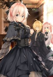 Rule 34 | 3girls, absurdres, ahoge, alternate costume, artoria pendragon (all), artoria pendragon (fate), black bow, black capelet, black dress, black ribbon, black skirt, blonde hair, blue eyes, blurry, blurry background, blush, bow, breasts, brown eyes, capelet, character request, closed eyes, closed mouth, commentary request, depth of field, dress, facing viewer, fate/grand order, fate (series), hair between eyes, hair bow, hair bun, hand on own chest, hand up, head tilt, high-waist skirt, highres, koha-ace, looking at viewer, multiple girls, neck ribbon, okita souji (fate), okita souji (koha-ace), pink hair, ribbon, saber (fate), shirt, single hair bun, skirt, small breasts, smile, striped bow, striped ribbon, twintails, uzuki tsukuyo, white shirt