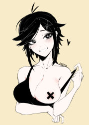 Rule 34 | 1girl, antenna hair, areola slip, arm under breasts, artist name, black eyes, black hair, black shirt, blouse, blush, borrowed character, breast slip, breasts, bright pupils, character request, cleavage, collarbone, commentary, copyright request, crack, cracked glass, cropped torso, cross hair ornament, english commentary, grin, hair ornament, hand up, head tilt, heart, highres, large breasts, looking at viewer, medium hair, one breast out, orouu, shirt, sidelocks, signature, simple background, sleeveless, sleeveless shirt, smile, solo, strap pull, swept bangs, symbol-shaped pupils, teeth, uni (unexistarts), upper body, white pupils, x-shaped pupils, yellow background