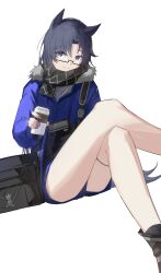Rule 34 | 1girl, animal ears, arknights, black-framed eyewear, black hair, black scarf, blue eyes, blue jacket, blue shorts, closed mouth, coffee cup, commentary request, crossed legs, cup, disposable cup, fang (arknights), feet out of frame, glasses, hair between eyes, highres, holding, holding cup, jacket, long hair, long sleeves, nail polish, parted bangs, purple nails, scarf, semi-rimless eyewear, shirt, short shorts, shorts, simple background, smile, solo, tail, under-rim eyewear, very long hair, white background, white shirt, yao yang