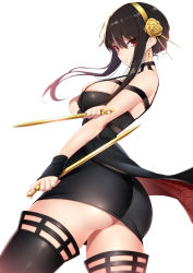 Rule 34 | 1girl, ass, black dress, black hair, black thighhighs, breasts, closed mouth, commentary request, cowboy shot, dagger, dress, dual wielding, earrings, floral print, flower, from behind, glint, gold earrings, gold hairband, hair flower, hair ornament, hairband, highres, holding, holding dagger, holding knife, holding weapon, jewelry, kippuru, knife, large breasts, looking at viewer, looking back, pantylines, red eyes, rose, rose print, simple background, skindentation, solo, spikes, spy x family, thighhighs, thighs, tight clothes, tight dress, twisted torso, two-sided dress, two-sided fabric, weapon, white background, yor briar
