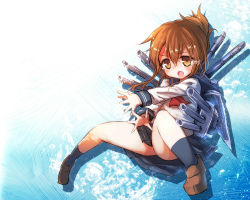 Rule 34 | &gt;:o, 10s, 1girl, :o, ayakashi (monkeypanch), brown eyes, brown hair, hair up, highres, inazuma (kancolle), kantai collection, open mouth, personification, school uniform, serafuku, skirt, solo, tears, v-shaped eyebrows, weapon