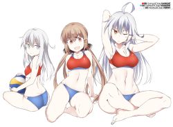 Rule 34 | 3girls, alternate costume, ball, barefoot, bikini, black bow, blue eyes, bow, brown eyes, brown hair, character name, facial scar, gangut (kancolle), grey hair, hair bow, hibiki (kancolle), holding, holding ball, indian style, kantai collection, long hair, looking at viewer, low twintails, mismatched bikini, multiple girls, orange eyes, scar, scar on cheek, scar on face, shigino sohuzi, simple background, sitting, sports bikini, swimsuit, tashkent (kancolle), twintails, verniy (kancolle), volleyball (object), white background