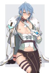 Rule 34 | 1boy, belt, blue eyes, blue hair, blush, bow, bow-shaped hair, cleavage cutout, clothing cutout, detached collar, edmond (nu carnival), gem, girdle, gloves, hair between eyes, hand jewel, highres, jewelry, long hair, looking to the side, male focus, midriff, navel, nipple slip, nipples, niwa (niwa827), nu carnival, pectoral cleavage, pectorals, ponytail, sitting, strap, strap gap, thick thighs, thighs, white background, white gloves