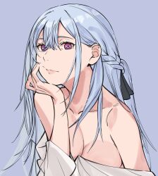Rule 34 | 1girl, ak-12 (girls&#039; frontline), artificial eyes, bare shoulders, braid, breasts, closed mouth, clothes pull, collarbone, french braid, girls&#039; frontline, hand on own chin, highres, kavni, long hair, looking at viewer, medium breasts, open clothes, open shirt, ponytail, purple eyes, shirt, shirt pull, sidelocks, solo, upper body, white hair, white shirt
