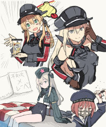 Rule 34 | &gt;:d, 4girls, :d, anchor hair ornament, aqua eyes, bare shoulders, bismarck (kancolle), blonde hair, blue eyes, blush, blush stickers, brown eyes, closed mouth, clothes writing, cosplay, cross, emphasis lines, ezusuke, garrison cap, gloves, hair ornament, hair ribbon, hat, iron cross, kantai collection, long hair, long sleeves, mad max, mad max: fury road, mask, military, military uniform, mouth mask, multiple girls, one eye closed, open mouth, peaked cap, prinz eugen (kancolle), pun, red hair, ribbon, ro-500 (kancolle), ro-500 (kancolle) (cosplay), sailor hat, school uniform, short hair, smile, text focus, translation request, u-511 (kancolle), uniform, v-shaped eyebrows, white gloves, z3 max schultz (kancolle)