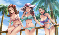 Rule 34 | 3girls, :d, against fence, aged up, aqua bikini, aqua hair, bandeau, bare arms, bare shoulders, bikini, bird, black hair, blush, bow, breasts, brown hair, casual one-piece swimsuit, cleavage, closed mouth, cloud, collarbone, creatures (company), day, fence, game freak, gluteal fold, green eyes, hair bow, hair ornament, hair over shoulder, hairband, hairclip, hand in own hair, hat, highres, kris (pokemon), large breasts, leaf (pokemon), leaning forward, long hair, looking at viewer, low ponytail, low twintails, lyra (pokemon), multiple girls, navel, nintendo, one-piece swimsuit, open mouth, orange eyes, outdoors, palm tree, pokemon, pokemon frlg, pokemon gsc, pokemon hgss, purple eyes, red bikini, red bow, red hairband, signature, sitting, smile, stomach, strapless, strapless bikini, striped bikini, striped clothes, sun hat, swimsuit, takecha, thigh gap, thighs, tree, twintails, white headwear, x hair ornament