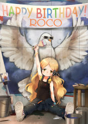 Rule 34 | 1girl, arm at side, arm up, bad id, bad pixiv id, bangle, banner, bird, black bow, black shirt, blonde hair, blush, bow, bracelet, brown eyes, bucket, cd case, character name, clothes around waist, converse, denim, dove, easel, english text, fatboy slim, hair bow, handa roco, happy birthday, headphones, headphones around neck, highres, holding, holding paintbrush, idolmaster, idolmaster million live!, jacket, jacket around waist, jeans, jewelry, long hair, looking at viewer, okayparium, on ground, paint can, paint splatter, paint splatter on face, paintbrush, pants, parody, polka dot, polka dot bow, shirt, shoe soles, shoes, signature, sitting, sleeveless, sleeveless shirt, smile, sneakers, solo, spread legs, stool, sunglasses, twintails