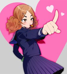 Rule 34 | 1girl, arm up, black shirt, black skirt, brown eyes, brown hair, eyebrows, eyelashes, haikyuu!!, hair ornament, heart, heart background, kurobara, long sleeves, looking to the side, mouth hold, pointing, school uniform, scrunchie, shirt, skirt, solo, twintails, whistle, wrist scrunchie, yamamoto akane