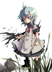 Rule 34 | 1girl, adapted costume, ahoge, ascot, bat wings, blue hair, boots, clover, clover (flower), flower, grass, noya makoto, pink eyes, pointy ears, puffy short sleeves, puffy sleeves, remilia scarlet, rock, short sleeves, solo, touhou, white legwear, wings, wrist cuffs
