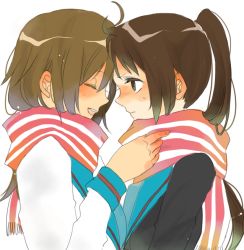 Rule 34 | 00s, 2girls, bad id, bad pixiv id, brown hair, cardigan, closed eyes, forehead-to-forehead, from side, gender request, genderswap, heads together, koizumi itsuki, koizumi itsuki (female), kumori, kyon, kyonko, long hair, looking at another, multiple girls, open mouth, ponytail, scarf, school uniform, serafuku, simple background, striped clothes, striped scarf, suzumiya haruhi no yuuutsu, sweatdrop, upper body, white background