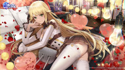 Rule 34 | 1girl, ass, aurora (azur lane), azur lane, balloon, blonde hair, breasts, brown skirt, buttons, detached sleeves, double-breasted, flower, garter straps, green eyes, heart balloon, highres, indoors, jacket, lace, lace-trimmed legwear, lace trim, light bulb, long hair, lying, medium breasts, miniskirt, on bed, on side, petals, pleated skirt, red flower, red rose, rose, skirt, solo, tcb, thighhighs, very long hair, white jacket, white thighhighs