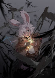 Rule 34 | 1girl, alternate form, animal ears, warrior of light (ff14), belt, belt buckle, bird, black shorts, blue eyes, boots, brown coat, brown gloves, bruise, bruise on face, buckle, byuub, clenched hand, clenched teeth, coat, collared shirt, feet out of frame, final fantasy, final fantasy xiv, flock, flying, gloves, glowing, grey background, highres, holding, injury, looking to the side, medium hair, meteion, motion blur, multiple belts, rabbit ears, shirt, short ponytail, shorts, spoilers, standing, sweatdrop, teeth, thigh boots, v-shaped eyebrows, viera, white hair, white shirt