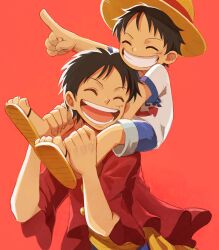 Rule 34 | 2boys, ^ ^, age difference, black hair, blue shorts, carrying, closed eyes, facial scar, highres, index finger raised, male focus, monkey d. luffy, multiple boys, oekakiboya, one piece, open mouth, red background, red vest, scar, scar on cheek, scar on face, shirt, short hair, short shorts, short sleeves, shorts, shoulder carry, time paradox, vest, white shirt