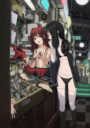 Rule 34 | 2girls, amputee, android, bag, bikini, black bikini, black eyes, black hair, boots, checkered floor, floor, highres, joints, knee boots, mechanical, mechanical parts, multiple girls, original, perspective, red hair, robot joints, shop, shopping, smile, stairs, sukabu, swimsuit, twintails, vanishing point