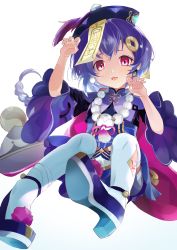 Rule 34 | 1girl, absurdres, arms up, bead necklace, beads, black footwear, braid, braided ponytail, child, dress, full body, genshin impact, hat, highres, jewelry, jiangshi, long hair, necklace, ofuda, open mouth, outstretched arms, ponytail, pppdounut, purple dress, purple eyes, purple hair, purple hat, qiqi (genshin impact), shoes, short dress, simple background, single braid, solo, thighhighs, tongue, tongue out, white background, white thighhighs, zombie pose
