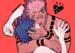 Rule 34 | 2boys, arm around shoulder, arm tattoo, arm up, black hair, black nails, blush, chest tattoo, closed eyes, commentary request, extra eyes, eyelashes, facial tattoo, finger in another&#039;s mouth, french kiss, fushiguro megumi, hair between eyes, hand on another&#039;s face, highres, iinikukuiita, jujutsu kaisen, kiss, male focus, multiple boys, muscular, muscular male, nail polish, nude, pink hair, red background, red eyes, ryoumen sukuna (jujutsu kaisen), saliva, short hair, shoulder tattoo, spiked hair, tattoo, tongue, tongue out, undercut, upper body, yaoi