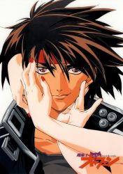 Rule 34 | 1boy, absurdres, black hair, brown eyes, headband, highres, majutsushi orphen, male focus, nail polish, orphen, red nails, scan, solo