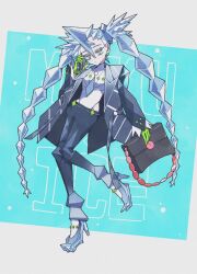 Rule 34 | 1girl, bag, blue hair, colored eyelashes, creatures (company), domidomi444, earrings, eyeshadow, game freak, gloves, green eyes, green gloves, hatsune miku, high heels, highres, holding, holding bag, holding phone, ice hair, ice miku (project voltage), jacket, jewelry, long hair, long sleeves, looking at viewer, makeup, necktie, nintendo, open clothes, open jacket, phone, pokemon, project voltage, spiked hair, twintails, very long hair, vocaloid