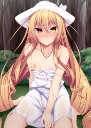Rule 34 | + +, 1girl, absurdres, bare shoulders, barefoot, blush, breasts, brown eyes, brown hair, closed mouth, collarbone, dress, eyebrows, grass, hair between eyes, hat, heterochromia, highres, jewelry, long hair, looking at viewer, necklace, nipples, no bra, non-web source, original, see-through, sidelocks, sitting, small breasts, solo, strap slip, sun hat, sundress, suterii, tachibana (suterii), tree, twintails, very long hair, wariza, white dress, yellow eyes