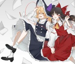 Rule 34 | 2girls, black footwear, black skirt, black vest, blonde hair, bloomers, bow, breasts, brown eyes, brown hair, buttons, detached sleeves, frilled skirt, frills, hakurei reimu, hat, highres, hitte5416, holding hands, kirisame marisa, long hair, long sleeves, mary janes, multiple girls, nontraditional miko, red bow, red skirt, red vest, shirt, shoes, sidelocks, skirt, small breasts, socks, touhou, turtleneck, underwear, vest, white bloomers, white shirt, white socks, witch, witch hat, yellow eyes