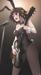 Rule 34 | 1girl, absurdres, animal ears, bare shoulders, black leotard, breasts, brown eyes, brown hair, brown pantyhose, cleavage, commentary, detached collar, electric guitar, english commentary, feint721, god knows..., guitar, hair ornament, hair ribbon, highres, holding, holding instrument, instrument, leotard, medium breasts, microphone, microphone stand, music, official alternate costume, open mouth, pantyhose, playboy bunny, playing instrument, rabbit ears, rabbit hair ornament, rabbit tail, ribbon, singing, solo, standing, suzumiya haruhi, suzumiya haruhi no yuuutsu, sweat, tail