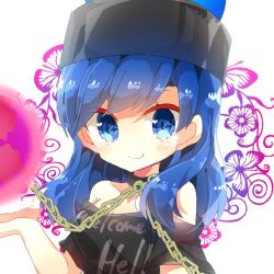 Rule 34 | 1girl, black shirt, blue eyes, blue hair, breasts, chain, chibi, choker, cleavage, closed mouth, clothes writing, collar, commentary, commentary request, earth (ornament), gold chain, happy, hecatia lapislazuli, hecatia lapislazuli (earth), medium hair, nikorashi-ka, off-shoulder shirt, off shoulder, shirt, small breasts, smile, solo, t-shirt, touhou, upper body