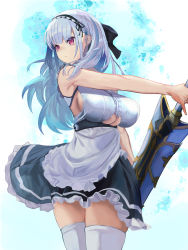 Rule 34 | 1girl, apron, azur lane, black skirt, blue hair, breasts, clothing cutout, cowboy shot, dido (azur lane), e nnihql, frilled apron, frills, from below, highres, holding, holding sword, holding weapon, large breasts, long hair, red eyes, simple background, skirt, sleeveless, solo, sword, thighhighs, underboob, underboob cutout, weapon, white apron, white thighhighs