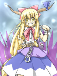 Rule 34 | 1girl, :d, bad id, bad pixiv id, blonde hair, blue skirt, bow, bowtie, chain, female focus, gourd, grin, hair bow, horns, ibuki suika, layered skirt, looking at viewer, nin (raven28), open mouth, red bow, red bowtie, sk (artist), skirt, smile, solo, teeth, touhou, wrist cuffs, yellow eyes
