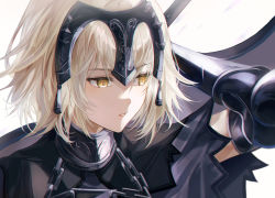 Rule 34 | 1girl, armor, bad id, bad pixiv id, black armor, blonde hair, chain, expressionless, fate/grand order, fate (series), headpiece, highres, jeanne d&#039;arc (fate), jeanne d&#039;arc alter (avenger) (fate), jeanne d&#039;arc alter (fate), kou (184756o), looking away, parted lips, short hair, solo, upper body, white background, yellow eyes
