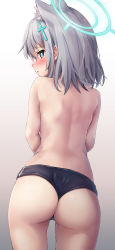 Rule 34 | 1girl, absurdres, animal ear fluff, animal ears, ass, back, blue archive, blue eyes, blush, buruma, cat ears, cowboy shot, cross hair ornament, from behind, grey hair, gym uniform, hair ornament, halo, highres, looking at viewer, looking back, okura-chan (at nya5), paid reward available, shiroko (blue archive), solo, thighs, thong, topless