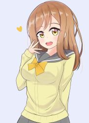Rule 34 | 1girl, arm behind back, artist name, artist request, blush, bow, bowtie, breasts, brown eyes, brown hair, buttons, cardigan, close-up, collarbone, eyebrows, female focus, grey background, grey sailor collar, grey skirt, hair between eyes, heart, highres, kunikida hanamaru, layered skirt, light brown hair, long hair, long sleeves, looking at viewer, love live!, love live! sunshine!!, medium breasts, miniskirt, orange bow, parted lips, plaid, plaid skirt, pleated, pleated skirt, sailor collar, school uniform, skirt, sleeves past wrists, smile, solo, sweater, uranohoshi school uniform, yellow cardigan, yellow eyes, yellow sweater