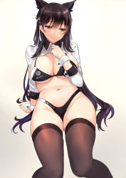 Rule 34 | 1girl, absurdres, animal ears, arm support, art itou, atago (azur lane), atago (stunning speedster) (azur lane), azur lane, bikini, black bikini, breasts, brown thighhighs, closed mouth, extra ears, gradient background, grey background, hair ribbon, highres, large breasts, long sleeves, mole, mole under eye, navel, race queen, ribbon, shrug (clothing), sitting, smile, solo, swimsuit, thighhighs, white ribbon