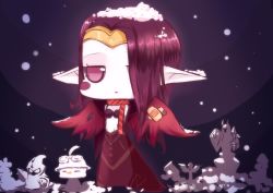Rule 34 | 1girl, bandaid, beancurd, blush stickers, breasts, chibi, circlet, cleavage, hair over one eye, league of legends, long hair, morgana (league of legends), pointy ears, purple hair, small breasts, snow, snowman, solo, teemo, wings