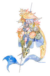 Rule 34 | 1boy, armor, blue cape, boots, cape, caustics, full armor, helmet, holding, holding polearm, holding weapon, ink (medium), leg armor, liquid clothes, looking down, maruti bitamin, original, painting (medium), polearm, seashell, see-through, see-through cape, shell, shirt, shoulder armor, spiked shell, traditional media, water, watercolor (medium), weapon, white background, white hair, yellow cape, yellow shirt
