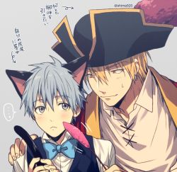 Rule 34 | ..., 2boys, animal ears, arrow (symbol), black headwear, black vest, blonde hair, blue bow, blue eyes, blue hair, blush, bow, bowtie, cat ears, cat tail, cat teaser, closed mouth, collared shirt, commentary request, earrings, fake animal ears, fake tail, grey background, hair between eyes, hand on another&#039;s shoulder, hat, holding, jewelry, kise ryouta, kuroko no basuke, kuroko tetsuya, looking at another, male focus, mashima shima, motion lines, multiple boys, pirate hat, shirt, short hair, simple background, smile, speech bubble, spoken ellipsis, sweatdrop, tail, translation request, twitter username, vest, white shirt, yaoi, yellow eyes