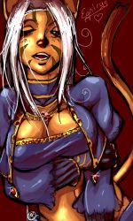 Rule 34 | 00s, 1girl, animal ears, arm grab, holding another&#039;s arm, breast lift, breasts, cat ears, cat tail, cleavage, final fantasy, final fantasy xi, fingerless gloves, gloves, lowres, masey, midriff, mithra (ff11), oekaki, one eye closed, open mouth, red eyes, solo, tail, white hair, wink
